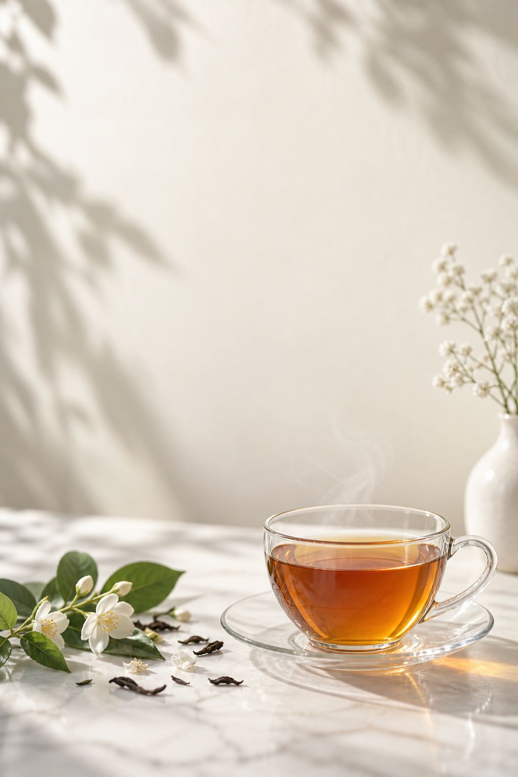 花と茶葉を添えた、ガラスのカップに入った紅茶